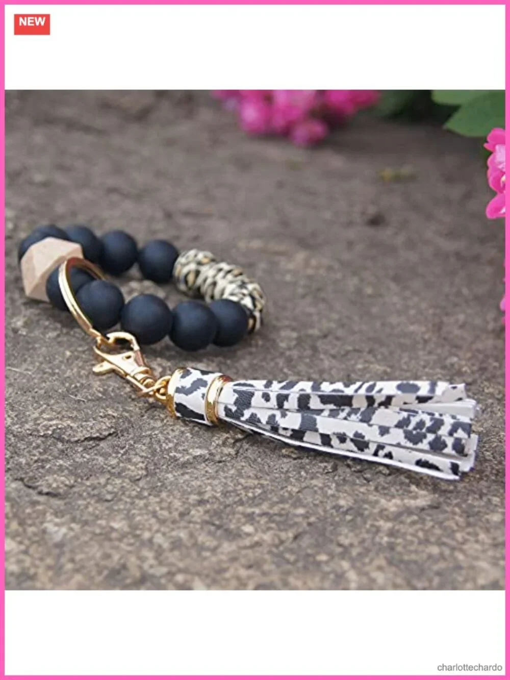 Silicone Beaded Keychain Bracelet Wristlet with Leather Tassel